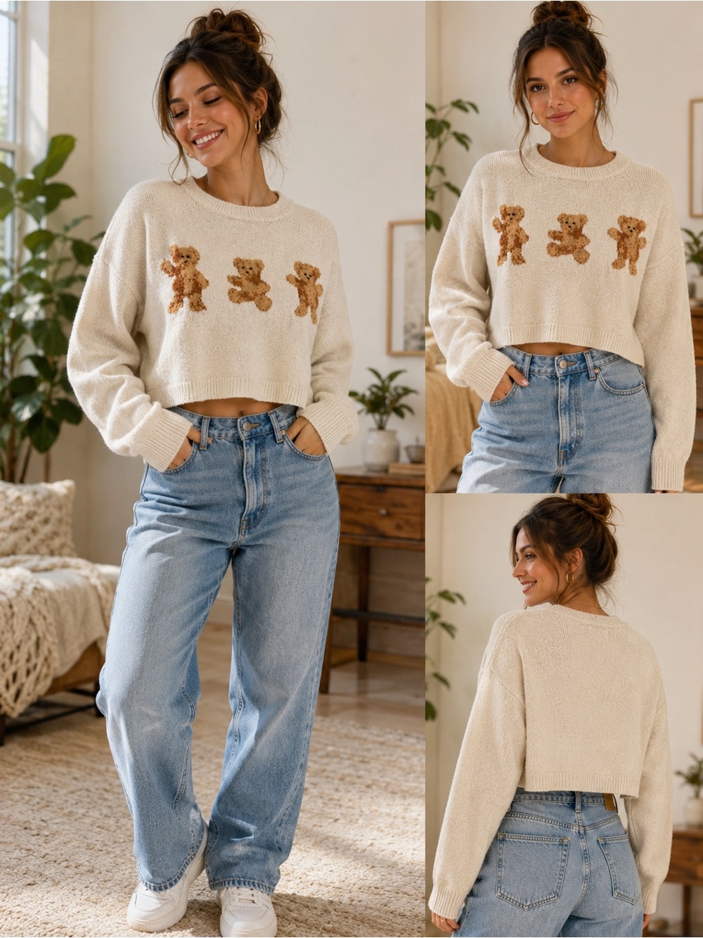 Forever 21 Cream Cropped Teddy Bear Crewneck Sweater- size S